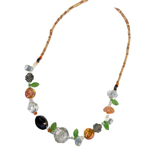 Verstellbare Perlen-Halskette mit Blumenmotiv aus benutzerfreundlichem Harz für empfindliche Haut, leicht, 13 g, lässiger oder formeller Schmuck, Vintage-Pflanzen-Halskette von FROMCEO
