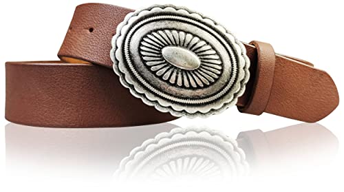 FRONHOFER 4 cm Ledergürtel mit ovaler Ethno-Gürtelschnalle altsilbern, Hippie-Look, echt Ledergürtel, Wechselgürtel, Größe:Körperumfang 100 cm/Gesamtlänge 115 cm, Farbe:Braun von FRONHOFER
