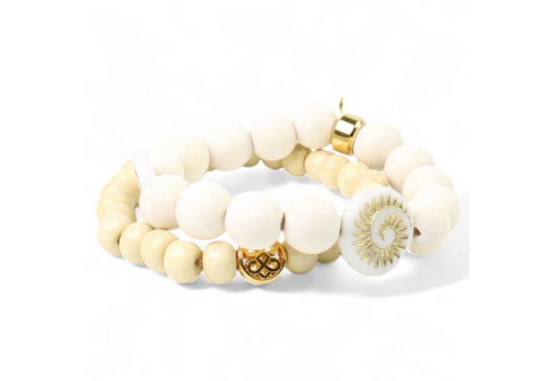 FRONHOFER Perlenarmband 19467, Holzperlen, goldene Metallperlen, Muschel, elastisch, Damen von FRONHOFER
