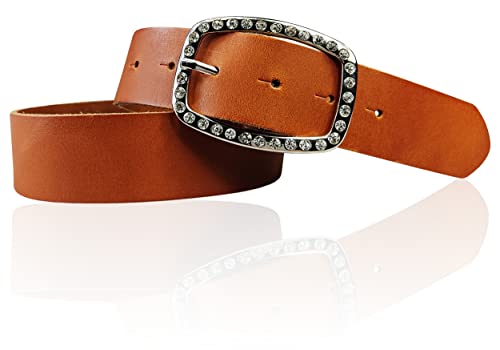 FRONHOFER Strass Gürtel Damen 4 cm mit funkelnder Strass Gürtelschnalle oval, Gürtel für Damen echt Leder,17877, Größe:Körperumfang 115 cm/Gesamtlänge 130 cm, Farbe:Cognac von FRONHOFER