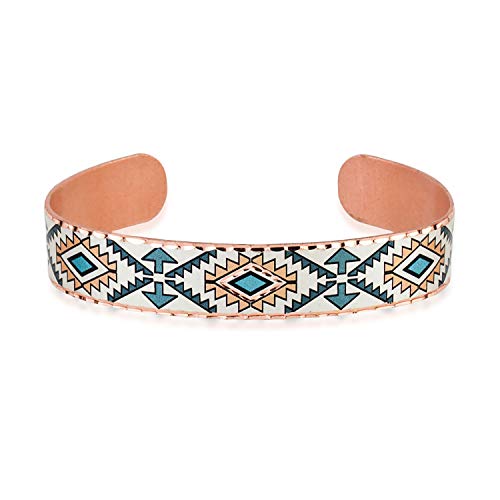 COPPER REFLECTIONS FRONT LINE JEWELRY Bunte Indianer-Armbänder Manschette Unisex mit blaugrünem Hintergrund und geometrischen Motiven. Artisan Handcrafted Native Jewelry (Native Cuff) von FRONT LINE JEWELRY