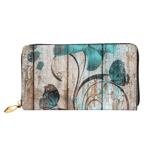 Blaugrün Blume Auf Holz Plank Lange Kupplung Brieftasche Leder Geldbörsen Clutch Leder Geldbörsen Mode Leder Geldtasche Lange Bifold Leder Billfold, Schwarz , Einheitsgröße von FROON