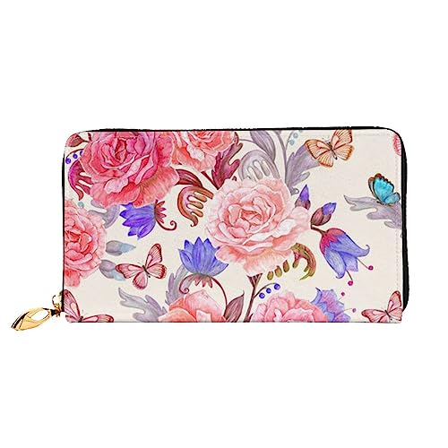 Blume Rose Schmetterling Lange Kupplung Brieftasche Leder Geldbörsen Clutch Leder Geldbörsen Mode Leder Geldtasche Lange Bifold Leder Billfold, Schwarz , Einheitsgröße von FROON