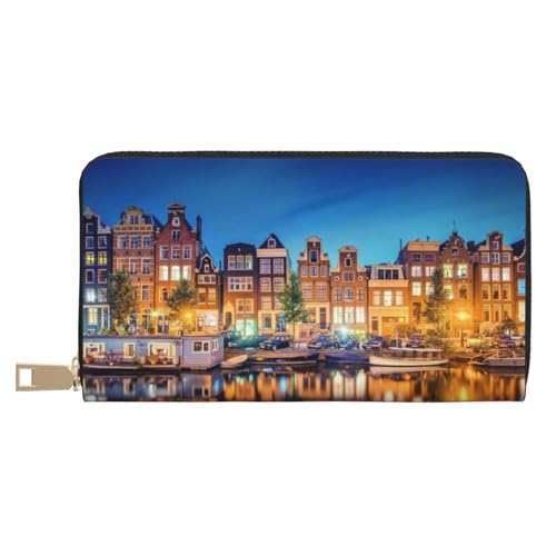 FROON Amsterdam Nachtansicht Lange Kunstleder Clutch Chic Stilvolle Damengeldbörsen für moderne Frauen Große Kapazität Kartenhalter und Organizer-Taschen Langlebige Geldbörse Handtasche für den Alltag von FROON