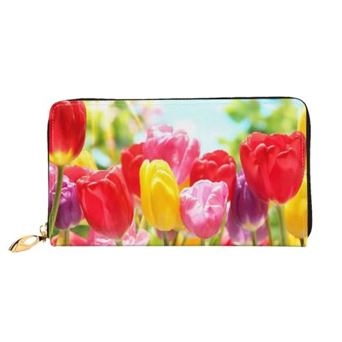 FROON Bunte Tulpen Lange Kupplung Brieftasche Leder Geldbörsen Clutch Leder Brieftaschen Mode Leder Geldtasche Lange Bifold Leder Billfold, Schwarz , Einheitsgröße von FROON