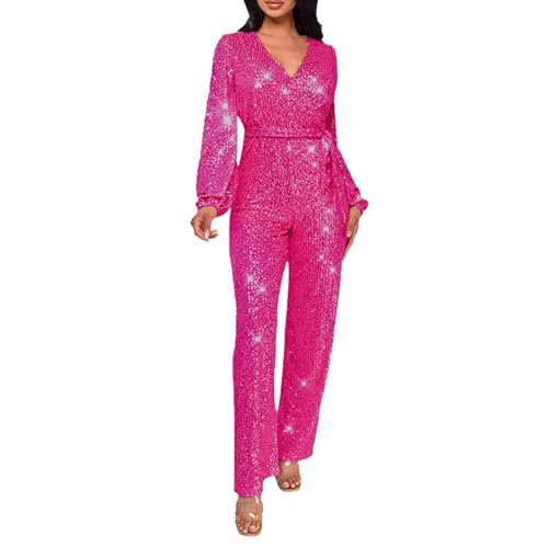 FROON Jumpsuit Pailletten Damen V-ausschnitt Langarm Elegant Glitzer Jumpsuit Mit Gürtel Sexy Bodysuit Lang Overall Hosenanzug Hohe Taille Playsuit Party Karneval Kostüm (XXL, Hot Rosa) von FROON