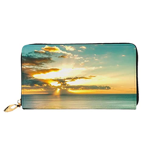 FROON Lange Handgeldbörse aus Leder, modisch, hawaiianisches Meer, Sonnenuntergang, Business-Leder, Taschenbuch, Geldtasche für Geschenke, Schwarz , Einheitsgröße von FROON