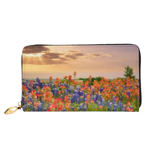 FROON Lange Handheld Leder Geldbörse Mode Texas Bluebonnets Landschaft Brieftasche Business Leder Pocketbook Geldtasche für Geschenke, Schwarz , Einheitsgröße von FROON