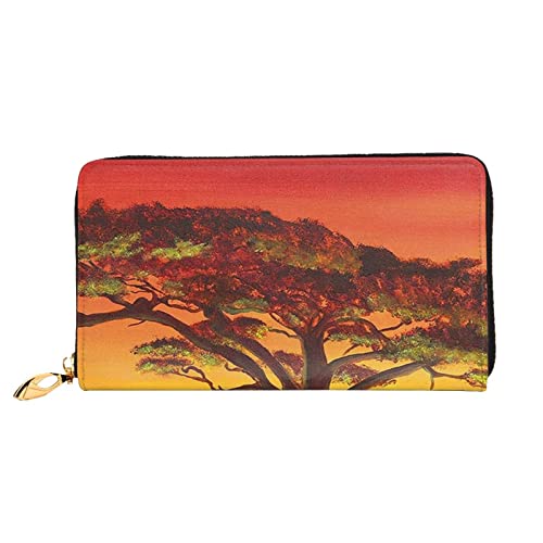 FROON Lange Leder-Geldbörse, modisch, afrikanisches Tier, Sonnenuntergang, Business-Leder, Taschenbuch, Geldtasche für Geschenke, Schwarz , Einheitsgröße von FROON