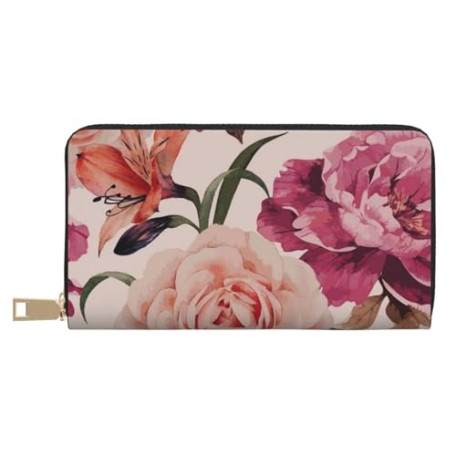 FROON Pinke Flowerand Rose lange Kunstleder-Clutch, schick, stilvolle Damen-Geldbörsen für moderne Frauen, großes Fassungsvermögen, Kartenhalter und Organizer-Taschen, strapazierfähige Geldbörse, von FROON