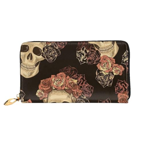 FROON Rose Schädel Lange Clutch Geldbörse Leder Geldbörsen Clutch Leder Geldbörsen Mode Leder Geldtasche Lange Bifold Leder Billfold, Schwarz , Einheitsgröße von FROON