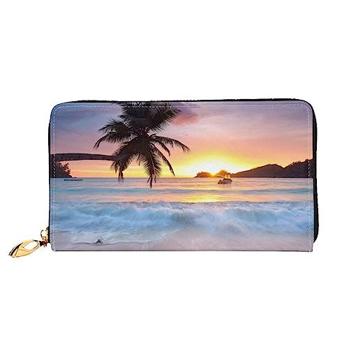 FROON Sunrise Tropical Palm Tree Island Lange Clutch Geldbörse Leder Geldbörsen Clutch Leder Geldbörsen Mode Leder Geldtasche Lange Bifold Leder Billfold, Schwarz , Einheitsgröße von FROON