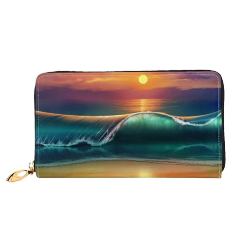 FROON Sunset Seaside Lange Clutch Geldbörse Leder Geldbörsen Clutch Leder Geldbörsen Mode Leder Geldtasche Lange Bifold Leder Billfold, Schwarz , Einheitsgröße von FROON