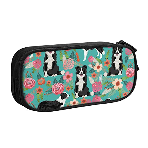 FROON Tasche für Schule, Bürobedarf, Border Collie, Blumen, großes Fassungsvermögen, Federmäppchen für Studenten, Schreibwaren-Tasche, Stiftebox, Schreibtisch-Organizer mit glattem Reißverschluss, von FROON