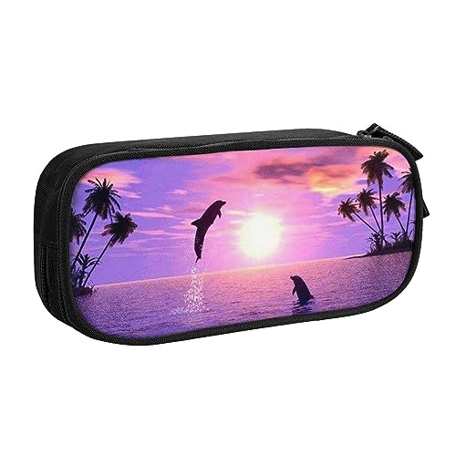 FROON Tasche für Schule, Bürobedarf, Sonnenuntergang, Delfine, großes Fassungsvermögen, Federmäppchen für Studenten, Schreibwaren-Tasche, Stiftebox, Schreibtisch-Organizer mit glattem Reißverschluss, von FROON