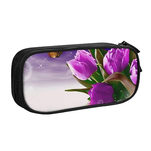 FROON Tasche für Schule, Bürobedarf, violette Tulpen, großes Fassungsvermögen, Federmäppchen für Studenten, Schreibwaren-Tasche, Stiftebox, Schreibtisch-Organizer mit glattem Reißverschluss, tragbarer von FROON