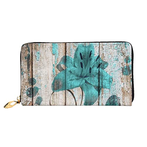 Lange Handheld Leder Geldbörse Mode Blaugrün Blume Auf Holz Plank Brieftasche Business Leder Taschenbuch Geldtasche für Geschenke, Schwarz , Einheitsgröße von FROON