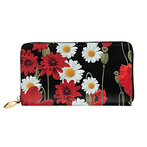 Lange Handheld Leder Geldbörse Mode Rote Blume und Weiß Gänseblümchen Brieftasche Business Leder Pocketbook Geldtasche für Geschenke, Schwarz , Einheitsgröße von FROON