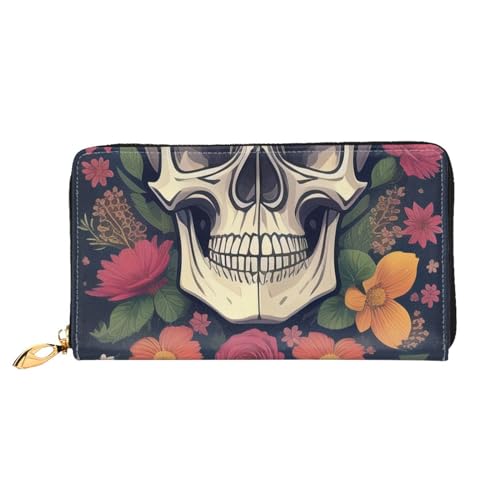 Schädel und Blume Lange Clutch Geldbörse Leder Geldbörsen Clutch Leder Geldbörsen Mode Leder Geldtasche Lange Bifold Leder Billfold, Schwarz , Einheitsgröße von FROON