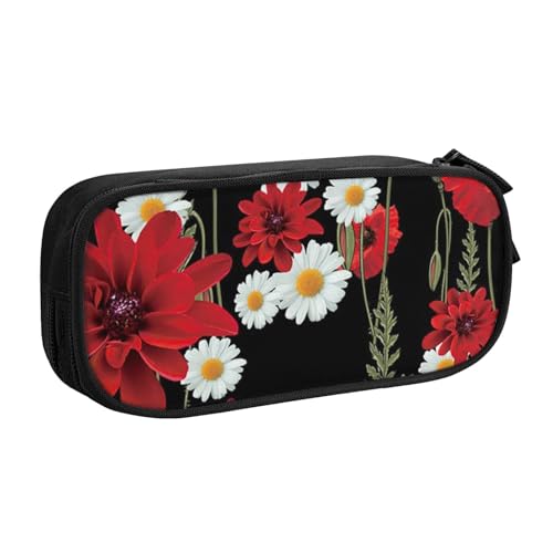 Tasche für Schule, Bürobedarf, rote Blume und weiße Gänseblümchen, großes Fassungsvermögen, Federmäppchen für Studenten, Schreibwaren-Tasche, Stiftebox, Schreibtisch-Organizer mit glattem von FROON