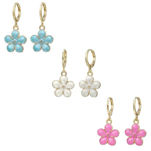 3 Paar Blumen-Huggie-Creolen für Frauen, Mini-Hängeohrringe, hypoallergen, winzig, niedlich, Blumenschmuck, Geschenke, Blau, Rosa, Weiß, Zink, Kein Edelstein 3 Paar Blumen-Huggie-Creolen für Frauen, Mini-Hängeohrringe, hypoallergen, winzig, niedlich, Blumenschmuck, Geschenke, Blau, Rosa, Weiß, Zink, Kein Edelstein von FROZIO