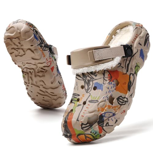 FRTUBOP Clogs Gefüttert Damen Herren Winterschuhe Wasserdicht Gartenclogs mit Fell Warm Hausschuhe rutschfeste Plüsch Pantoletten Khaki 43 von FRTUBOP