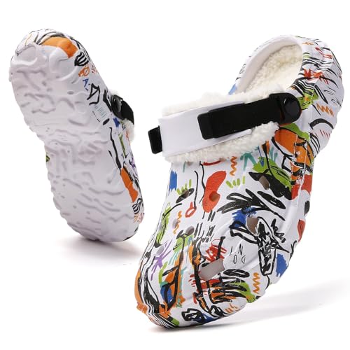 FRTUBOP Clogs Gefüttert Damen Herren Winterschuhe Wasserdicht Gartenclogs mit Fell Warm Hausschuhe rutschfeste Plüsch Pantoletten Weiß 45 von FRTUBOP