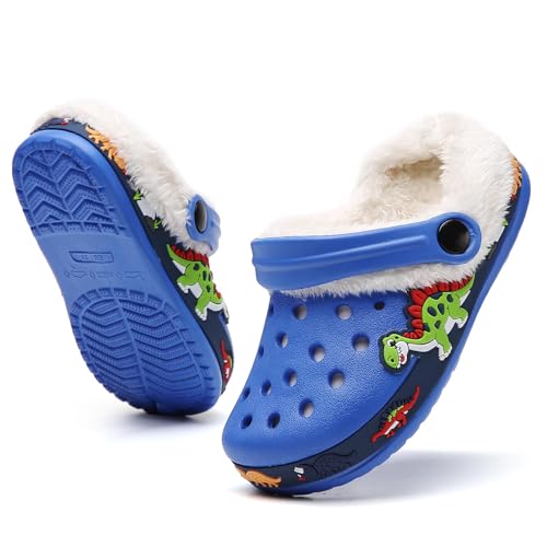 FRTUBOP Kinder Gefütterte Clogs Gefüttert Hausschuhe Mädchen Jungen Plüsch Pantoffeln Bequem rutschfest Winter Warme Lined Slipper Blau EU25 von FRTUBOP