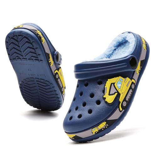 FRTUBOP Kinder Winter Lined Clogs Mädchen Jungen Warme Gefüttert Hausschuhe rutschfeste Pantoffeln Gartenschuhe Licht Slipper Indoor Outdoor Blau 28 von FRTUBOP