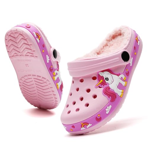 FRTUBOP Kinder Winter Lined Clogs Mädchen Jungen Warme Gefüttert Hausschuhe rutschfeste Pantoffeln Gartenschuhe Licht Slipper Indoor Outdoor Rot 29 von FRTUBOP