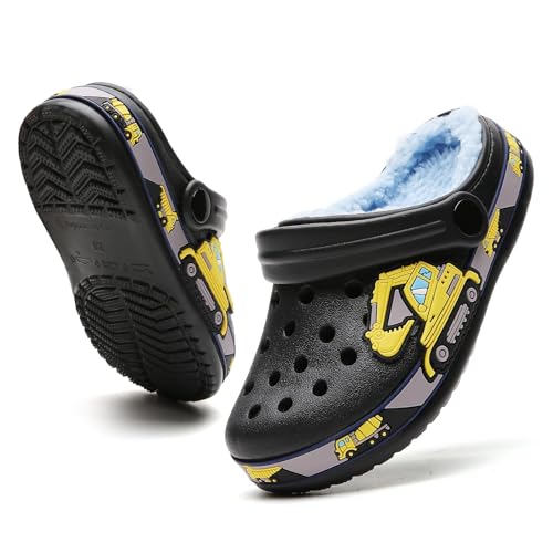 FRTUBOP Kinder Winter Lined Clogs Mädchen Jungen Warme Gefüttert Hausschuhe rutschfeste Pantoffeln Gartenschuhe Licht Slipper Indoor Outdoor Schwarz 30 von FRTUBOP