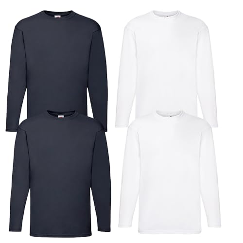 Fruit of the Loom 4er Herren Longsleeve Baumwolle Tshirt Langarm Shirt Sets Verschiedene Farbsets M L XL 2XL 3XL 4XL 5XL & HLKauf-Block (L, 2X Deep Navy, 2X Weiss & 1x HLKauf-Block) von Fruit of the Loom