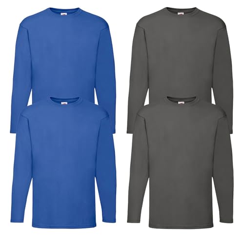 Fruit of the Loom 4er Herren Longsleeve Baumwolle Tshirt Langarm Shirt Sets Verschiedene Farbsets M L XL 2XL 3XL 4XL 5XL & HLKauf-Block (XXL, 2X Royal, 2X Graphit & 1x HLKauf-Block) von Fruit of the Loom