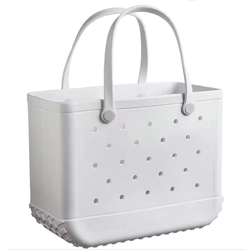 FRYSKYO EVA-Strandtasche for Damen,Gummi-Strandtasche,Weiß,Perforiert,Wasserdicht,Waschbar,Strand-Einkaufstasche,Tragbare Reisetasche,Strand-Aufbewahrungstasche For Strand,Pool,Sport,Markt(Size:L) von FRYSKYO