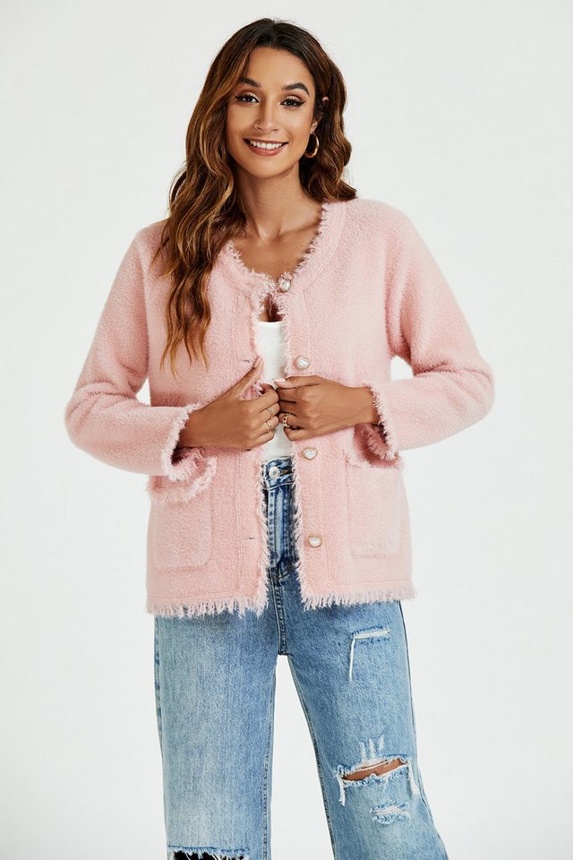 FS Collection Bouclèjacke Damen Bouclé-Jacke aus Baumwollmischung mit ausgefransten Kanten (Größen: XS, S, M, L, XL) 35% Baumwolle, 65% Polyester von FS Collection