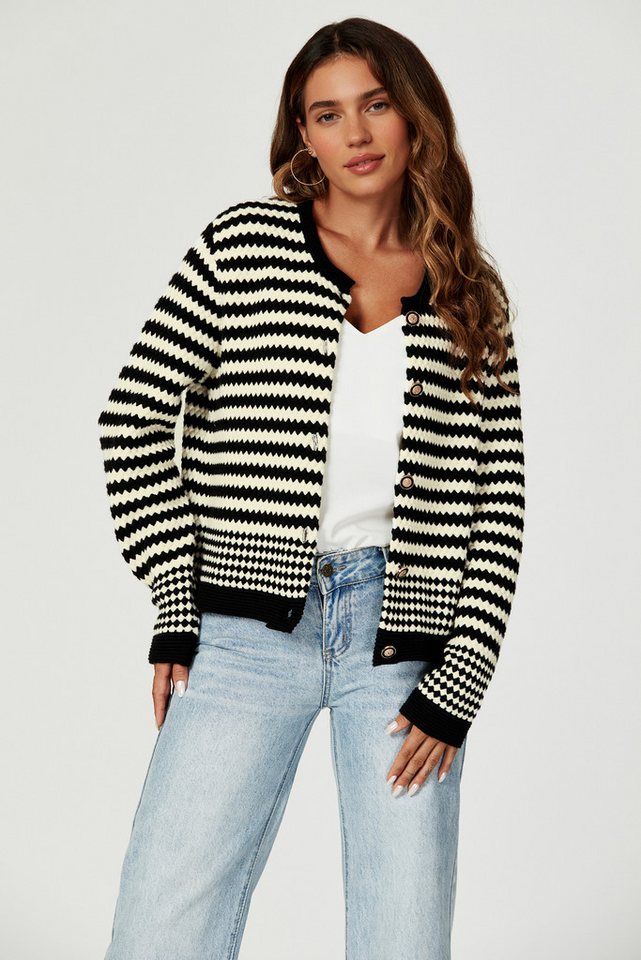FS Collection Cardigan Damen Strickjacke Cardigan Schwarz-Weiß mit Geomuster – Strickwaren (Einheitsgröße UK 8–16 / EU 36–44) 56 % Viskose, 26 % Polyester, 18 % Wolle von FS Collection