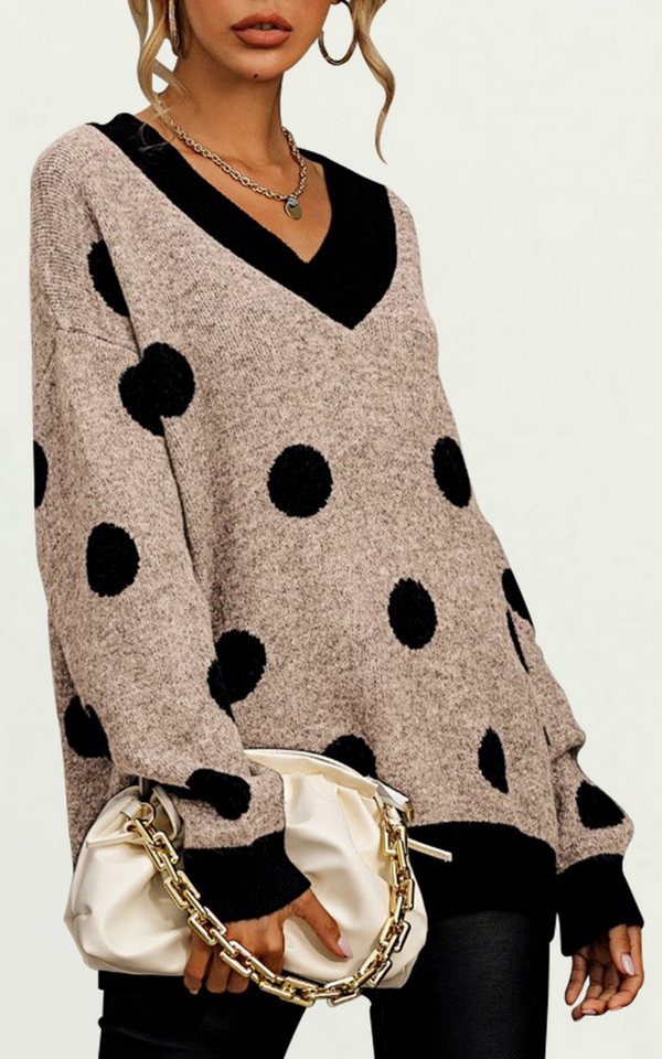 FS Collection Longpullover Damen Langarmpullover mit V-Ausschnitt und Punktemuster Longpullover (2 Farbe : Beige und Dunkelgrau, 20% Wolle, 5% Mohair, 75% Acryl) Einheitsgröße: UK 8–16 / EU 36–44 von FS Collection