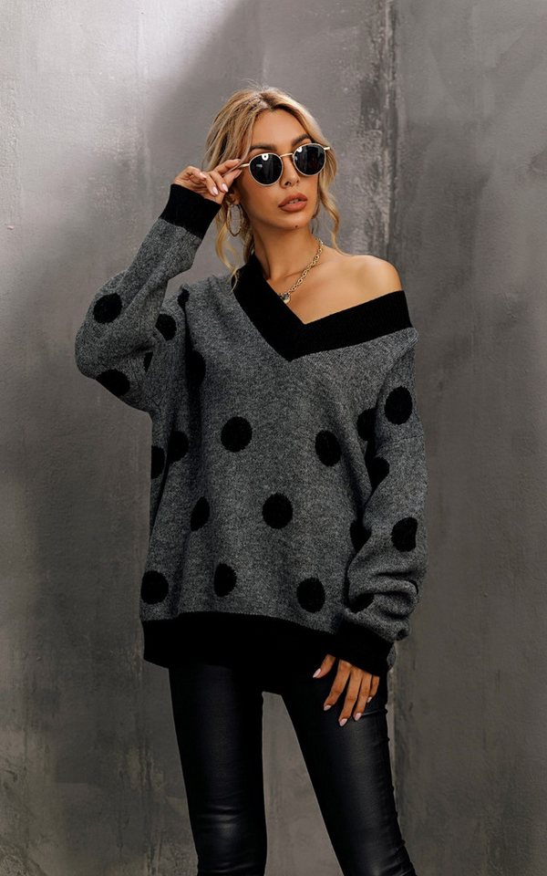 FS Collection Longpullover Damen Langarmpullover mit V-Ausschnitt und Punktemuster Longpullover (2 Farbe : Beige und Dunkelgrau, 20% Wolle, 5% Mohair, 75% Acryl) Einheitsgröße: UK 8–16 / EU 36–44 von FS Collection