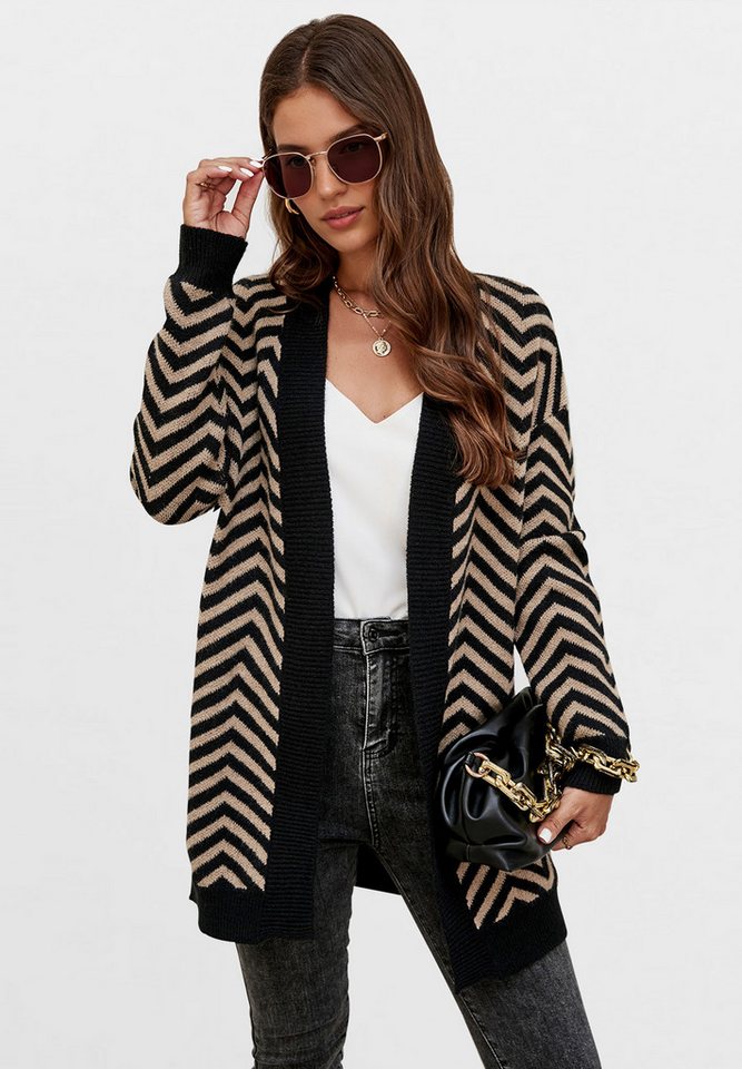 FS Collection Longstrickjacke Damen Longstrickjacke – Weicher, gemütlicher Cardigan mit Relax-Fit (Einheitsgröße: UK 8–16 / EU 36–44, 2 Farbe: Beige-Schwarz und Grau-Schwarz) 42 % Acryl, 28 % Nylon, 30 % Polyester von FS Collection