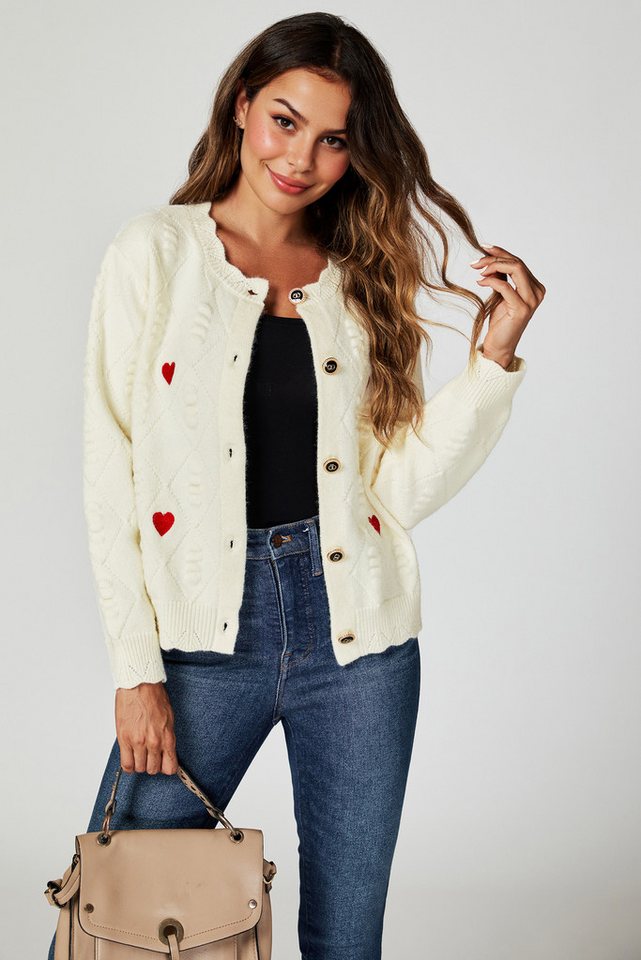 FS Collection Strickjacke Damen Cardigan Strickjacke mit Stickerei – Sterne oder Herzen (Einheitsgröße (UK 8–16 / EU 36–44) 56 % Viskose, 26 % Polyester und 18 % Wolle von FS Collection