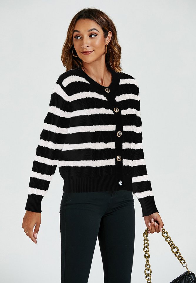 FS Collection Strickjacke Strickjacke Cardigan mit Streifenmuster aus Wollmischung – Onesize (Einheitsgröße: UK 8–16 / EU 36–44, 3 Farben : Creme/Schwarz, Schwarz/Weiß und Creme/Rot) 56 % Viskose, 26 % Polyester, 18 % Wolle von FS Collection