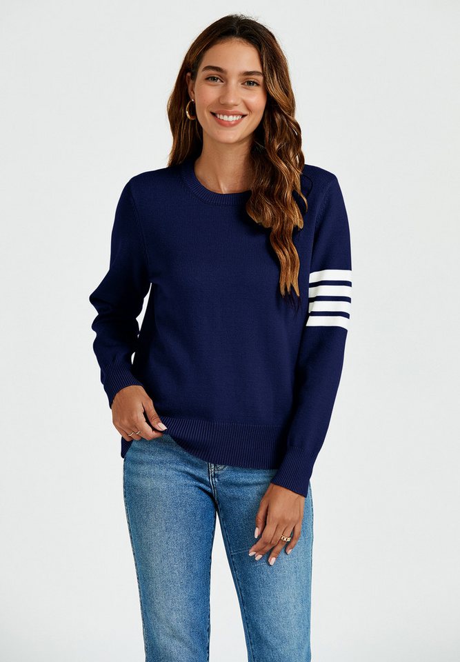 FS Collection Strickpullover Damen Pullover aus Wollmischung mit Streifenmuster, Relaxed Fit (UK 8/ EU 36/ US 4, 3 Farben : Olivegrün, Schwarz und Navy) 56 % Viskose, 26 % Polyester, 18 % Wolle von FS Collection