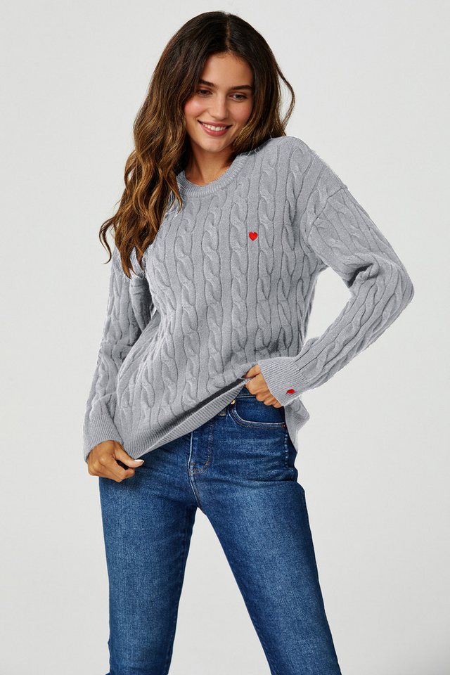 FS Collection Strickpullover Damen Pullover mit Herzchen-Detail und Zopfmuster – One Size - 4 Farbe von FS Collection