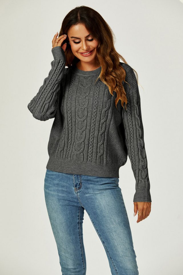 FS Collection Strickpullover Damen Strickpullover Rundhalspullover -Zopfmuster Rundhalsausschnitt (Einheitsgröße: UK 8–16 / EU 36–44, 4 Farben : Schwarz, Dunkelgrau, Rosa und Taupe) 18 % Wolle, 56 % Viskose und 26 % Polyester von FS Collection