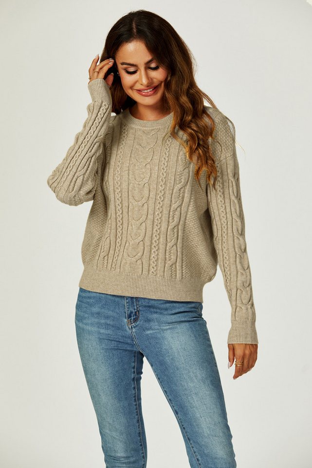 FS Collection Strickpullover Damen Strickpullover Rundhalspullover -Zopfmuster Rundhalsausschnitt (Einheitsgröße: UK 8–16 / EU 36–44, 4 Farben : Schwarz, Dunkelgrau, Rosa und Taupe) 18 % Wolle, 56 % Viskose und 26 % Polyester von FS Collection