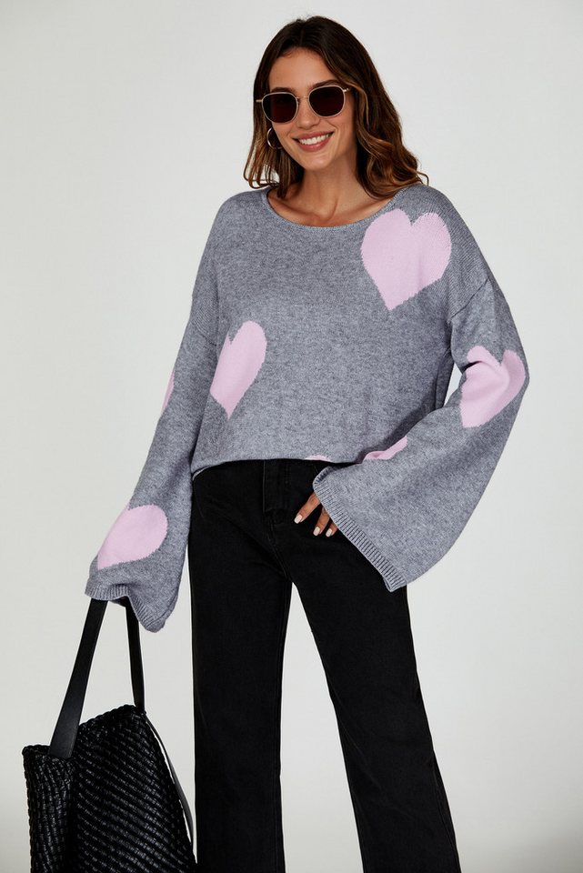 FS Collection Strickpullover Oversize Pullover mit weiten Ärmeln und Herzmuster – Strickwaren (Einheitsgröße: UK 8–12 / EU 36–40, 3 Farben : Rosa - Hellgrau - Dunkelgrau) 100 % Acryl von FS Collection