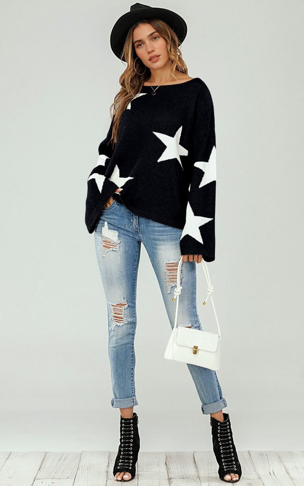 FS Collection Strickpullover Oversize Pullover mit weiten Ärmeln und Stern – Strickwaren (Einheitsgröße: UK 8–12 / EU 36–40, 5 Farben : Grau, Schwarz, Creme, Rot, Dunkelgrün) 100 % Acryl von FS Collection