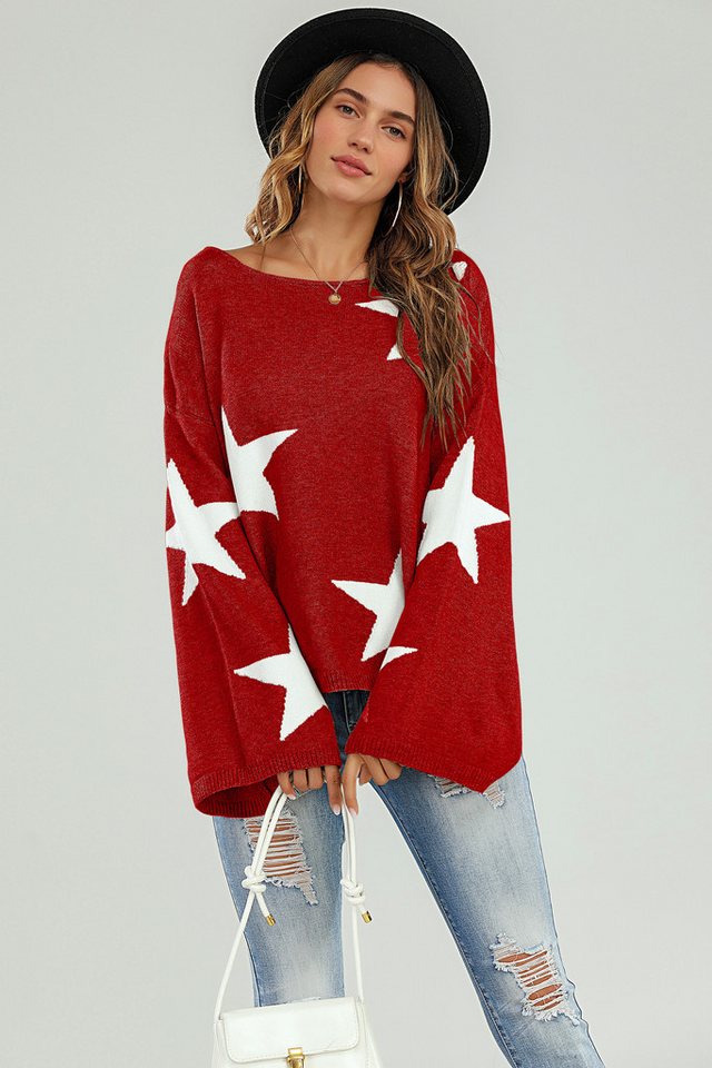 FS Collection Strickpullover Oversize Pullover mit weiten Ärmeln und Stern – Strickwaren (Einheitsgröße: UK 8–12 / EU 36–40, 5 Farben : Grau, Schwarz, Creme, Rot, Dunkelgrün) 100 % Acryl von FS Collection