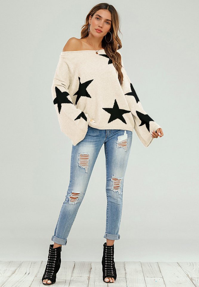 FS Collection Strickpullover Oversize Pullover mit weiten Ärmeln und Stern – Strickwaren (Einheitsgröße: UK 8–12 / EU 36–40, 5 Farben : Grau, Schwarz, Creme, Rot, Dunkelgrün) 100 % Acryl von FS Collection