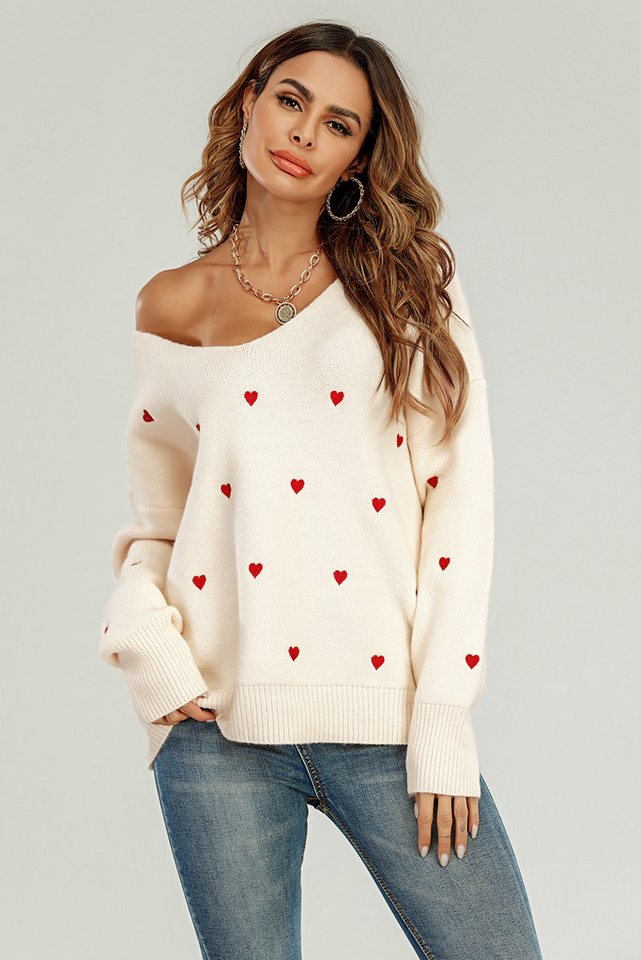 FS Collection Strickpullover Pullover aus Strick mit V-Ausschnitt und roter Herzstickerei (Einheitsgröße: UK 8–16 / EU 36–44, 2 Farben : Schwarz und Creme) 100 % Acryl von FS Collection